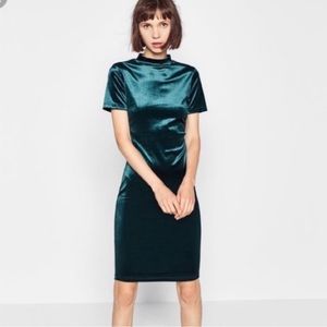 Green Faux Velvet Mock Neck Zara Dress - Green